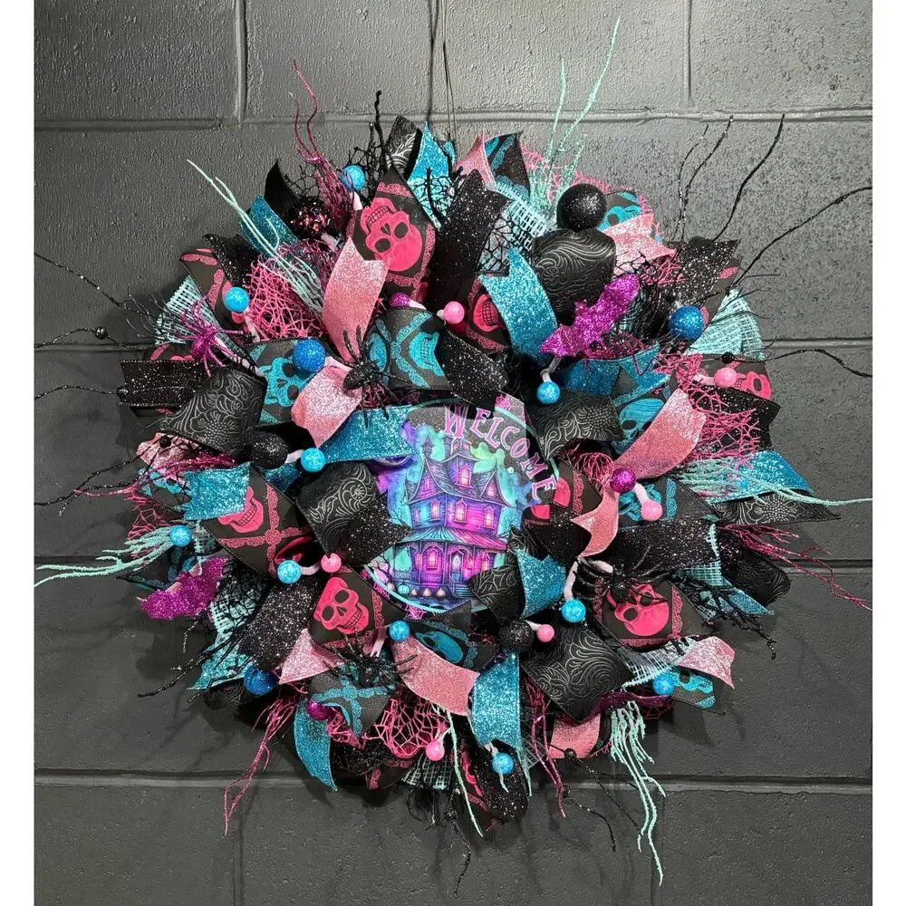Halloween Wreath for Front Door Black and Pink Haunted House 30 inch